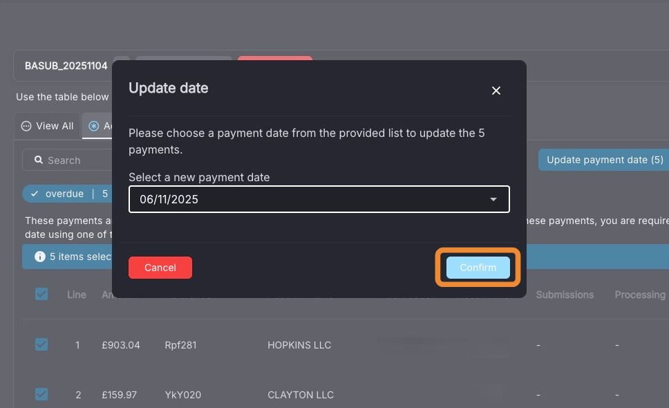 Confirm button on the date update