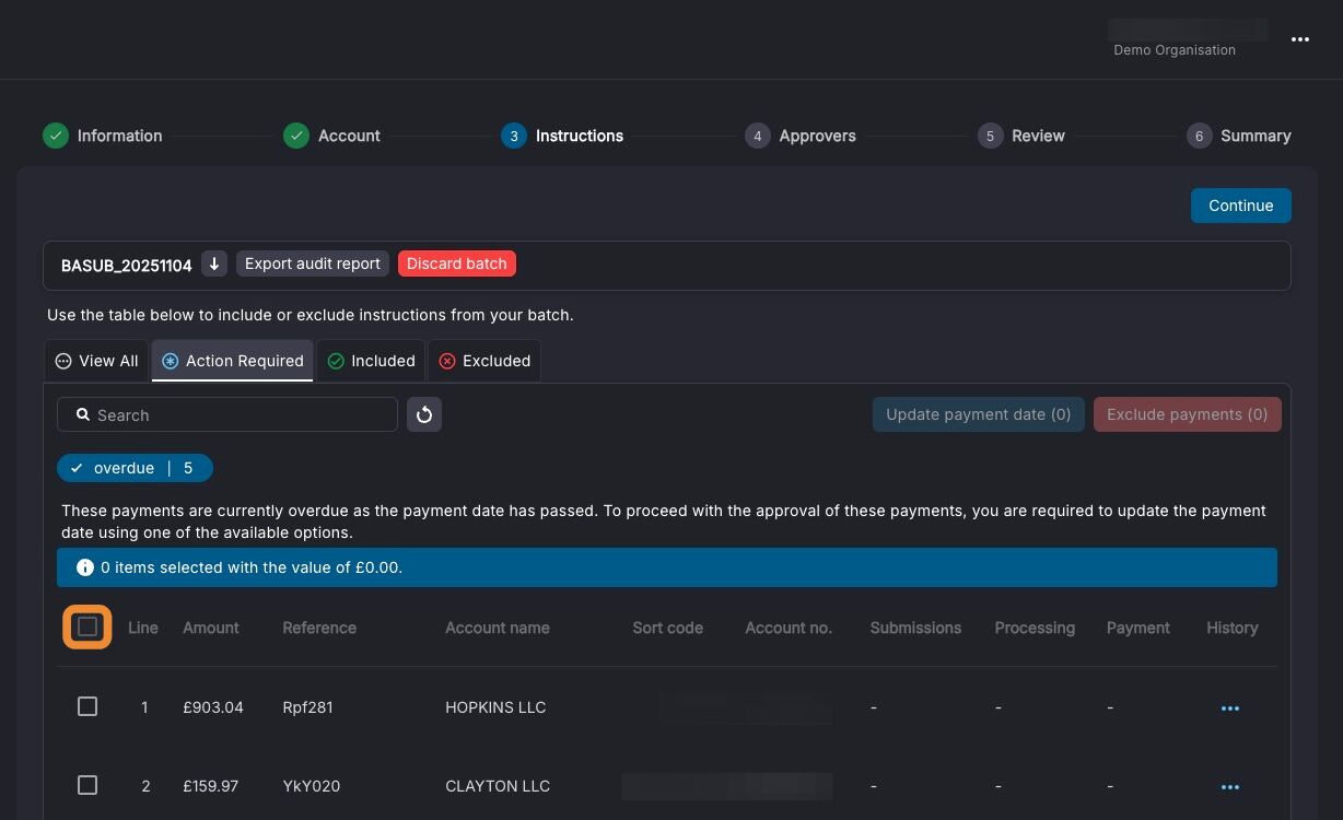 Selecting instructions to update the payment date