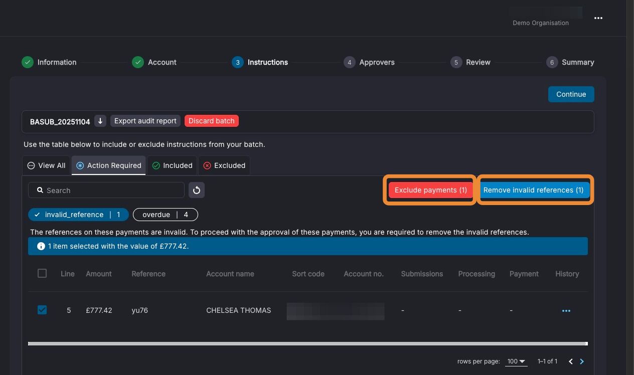 Remove invalid references and Exclude payments options