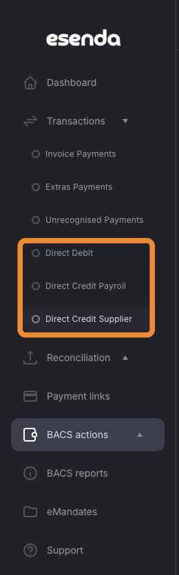 Transactions sub-menus for BACS payments