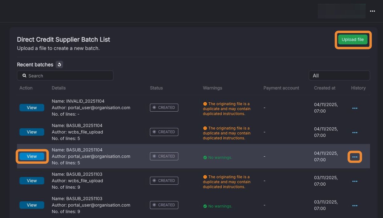 Payment batch list with the View button