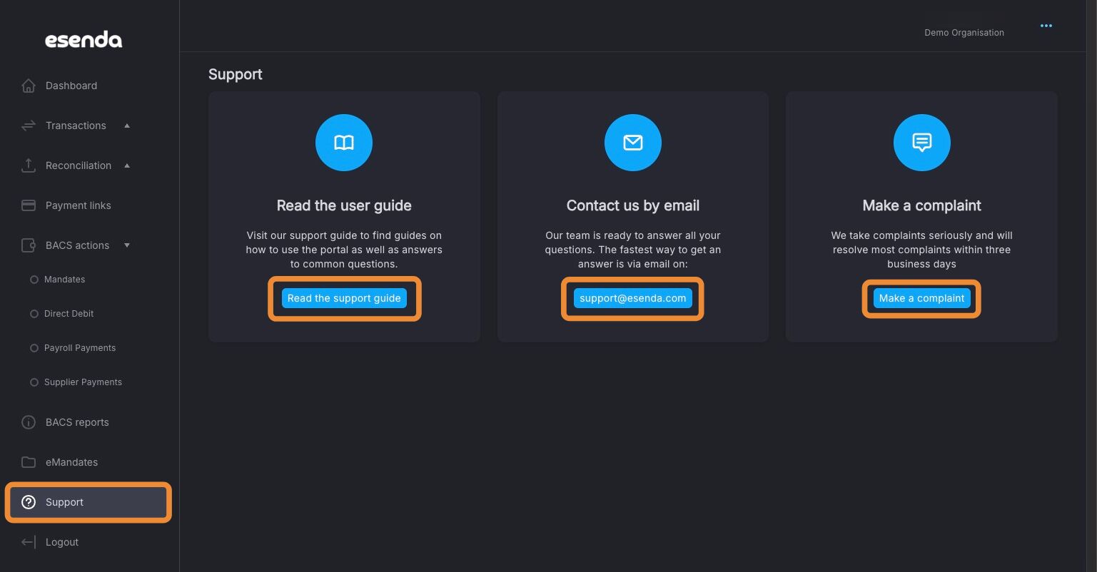 Support menu