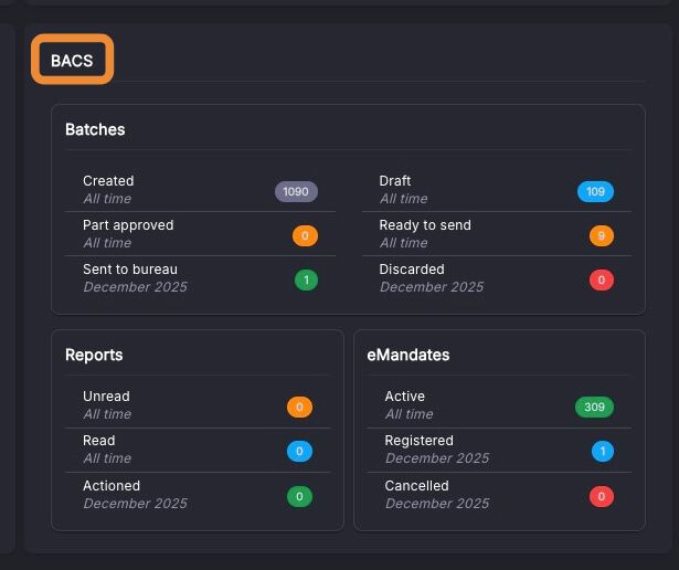 BACS summary panel on the dashboard