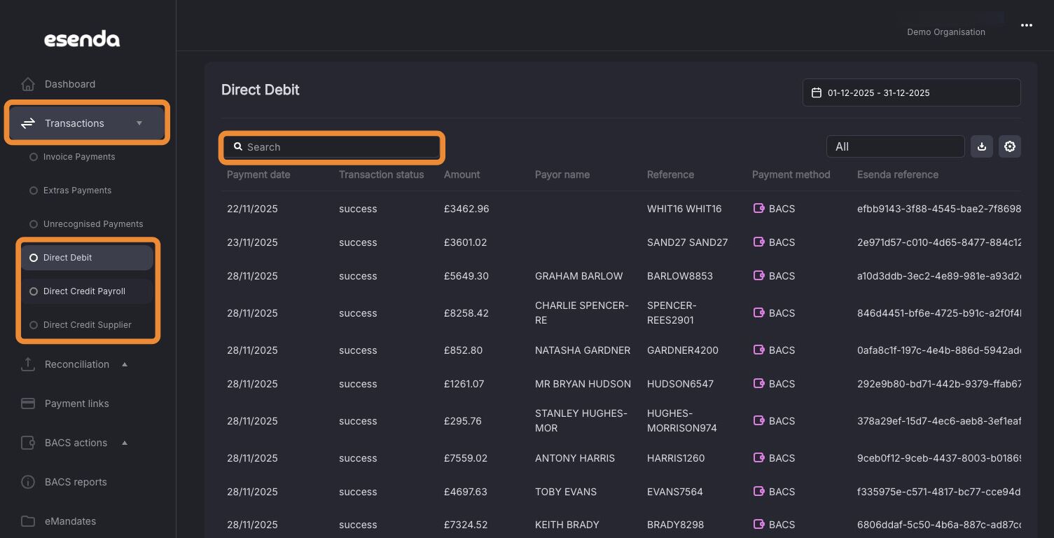 BACS transaction sub-menus
