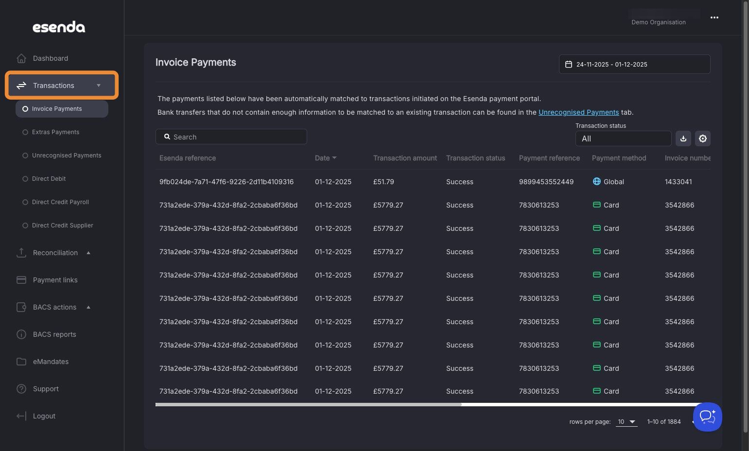 Transactions menu and sub-menu options