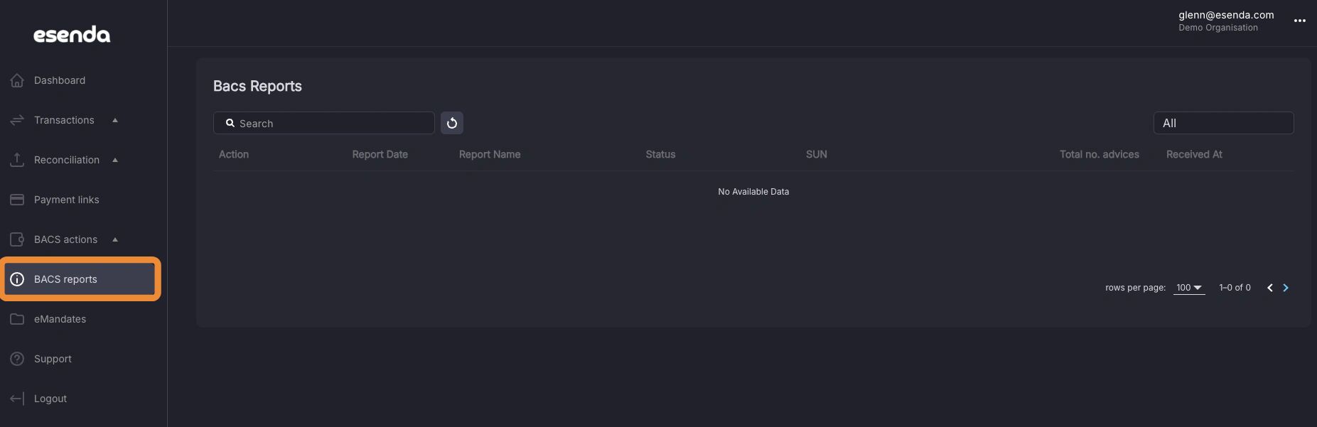 BACS reports menu