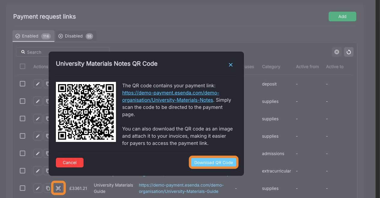 QR code option against a payment link