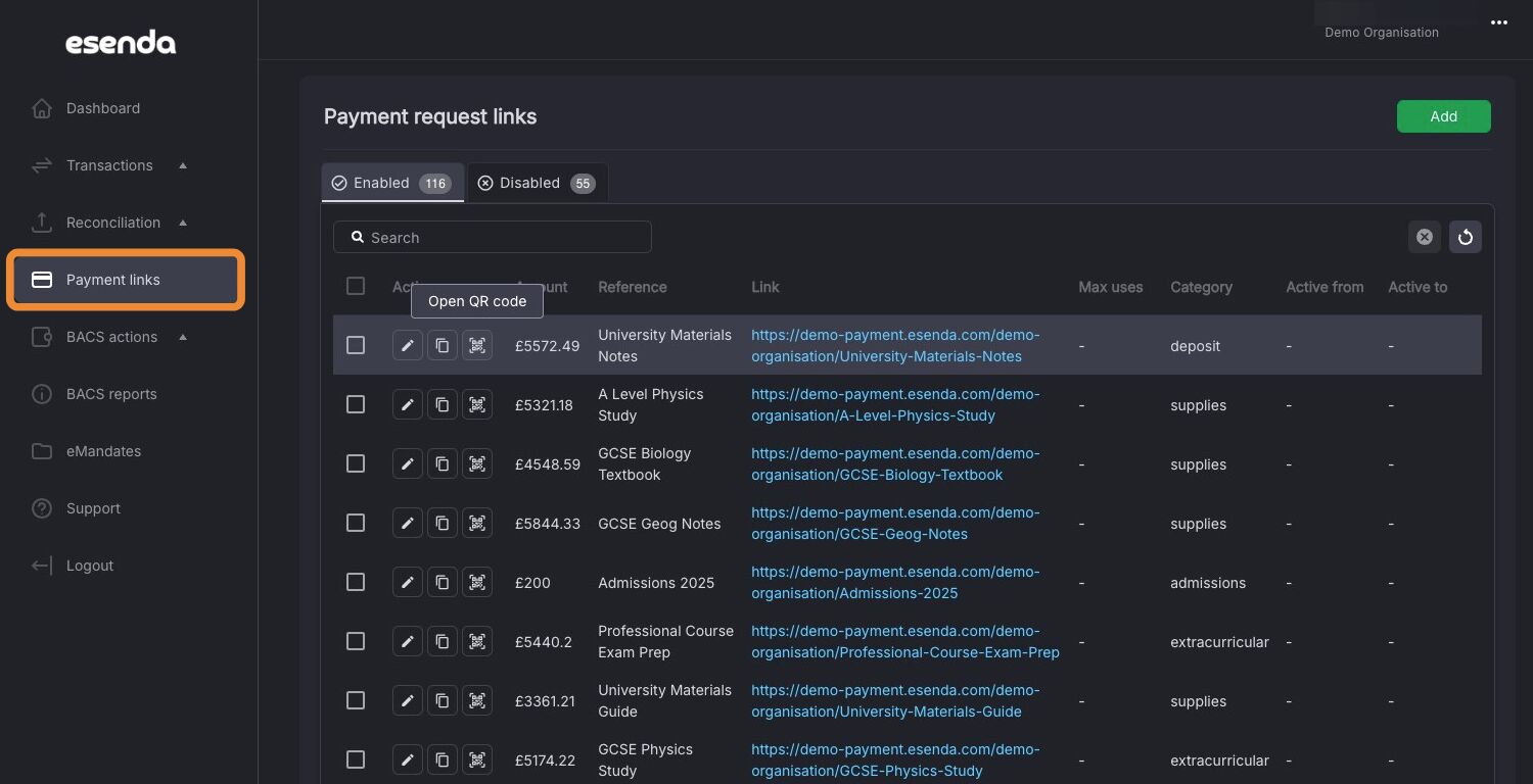 Payment links menu