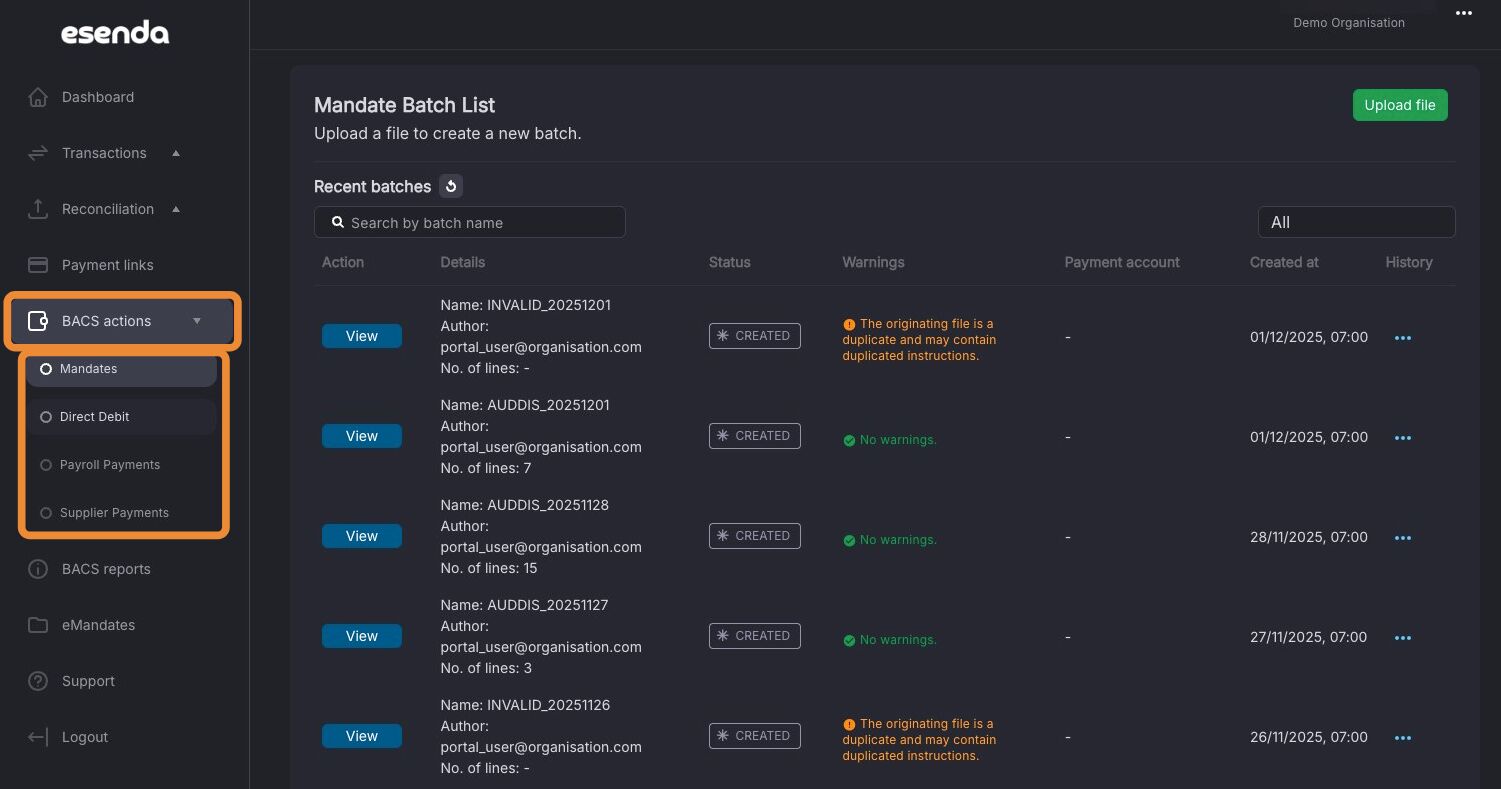 BACS actions menu