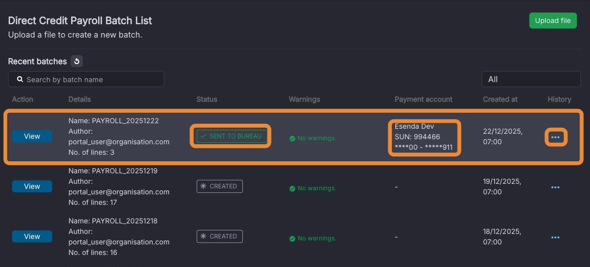 Batch list showing SENT TO BUREAU status