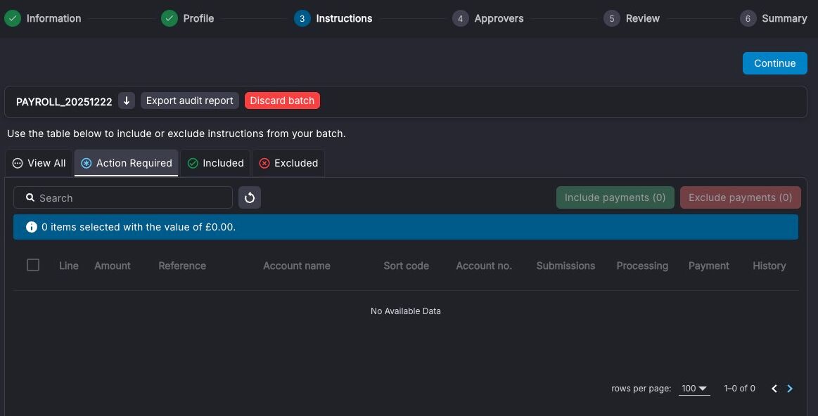 Continue button after including payments