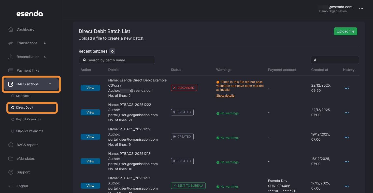 BACS actions menu with the Direct Debit payment menu open