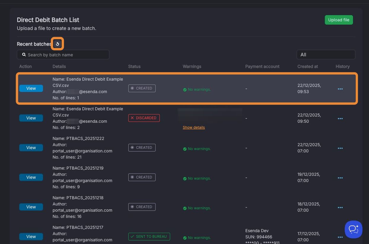 Recent batches list showing the newly uploaded file