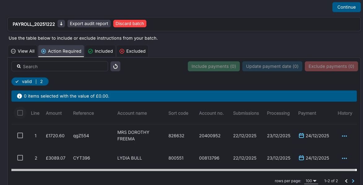 Select all checkbox on the payments list