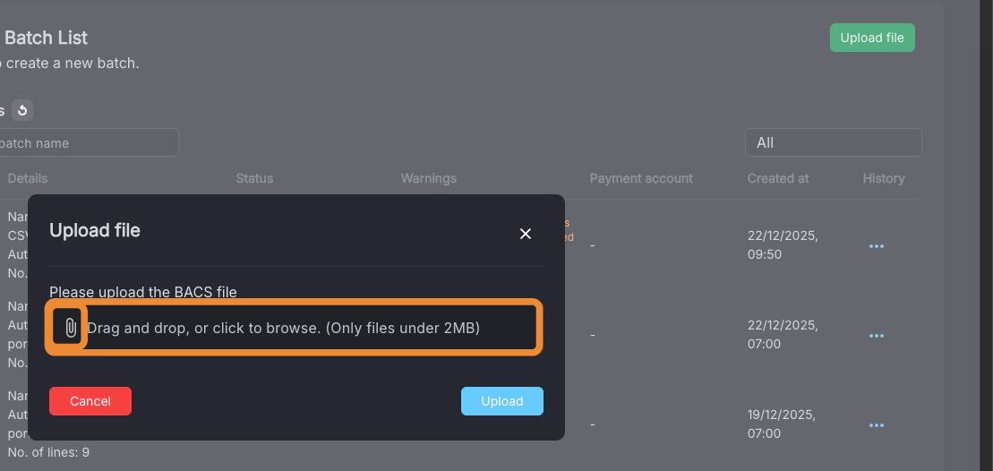 File upload pop-up window with drag and drop area