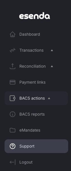 BACS actions in the left hand menu