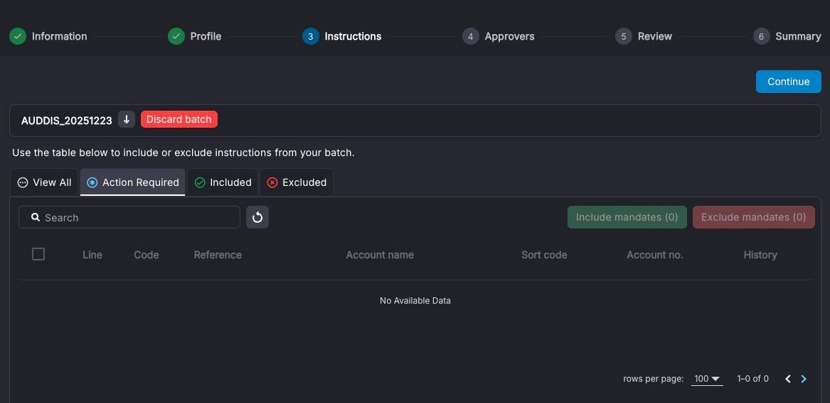 Continue button after including mandates
