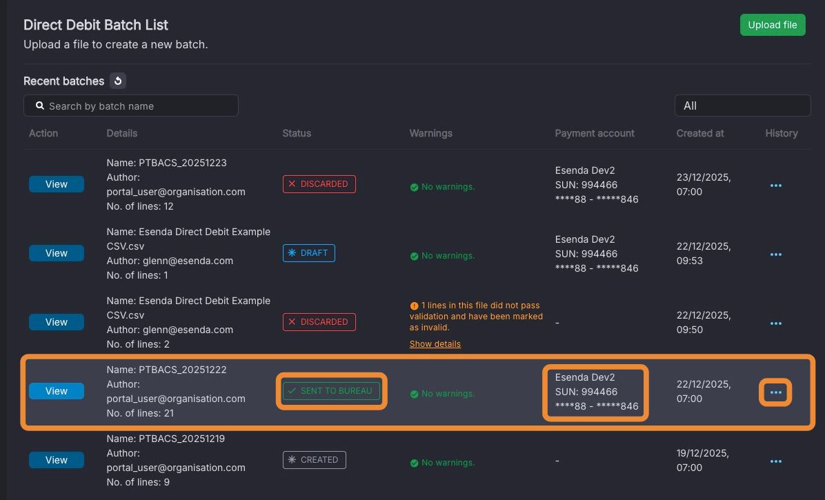 Batch list showing SENT TO BUREAU status