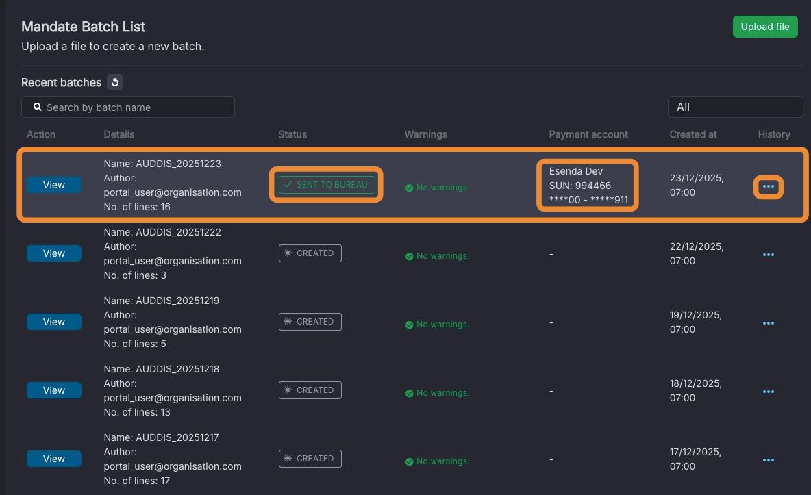 Batch list showing SENT TO BUREAU status
