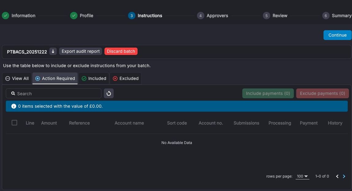 Continue button after including payments