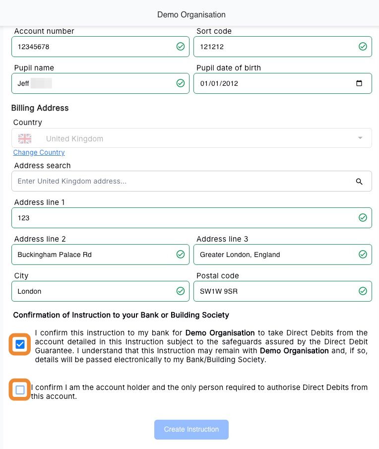 Confirmation and authorisation step of the mandate form