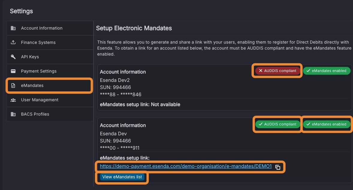 Accounts list showing AUDDIS compliance and the View eMandates list button