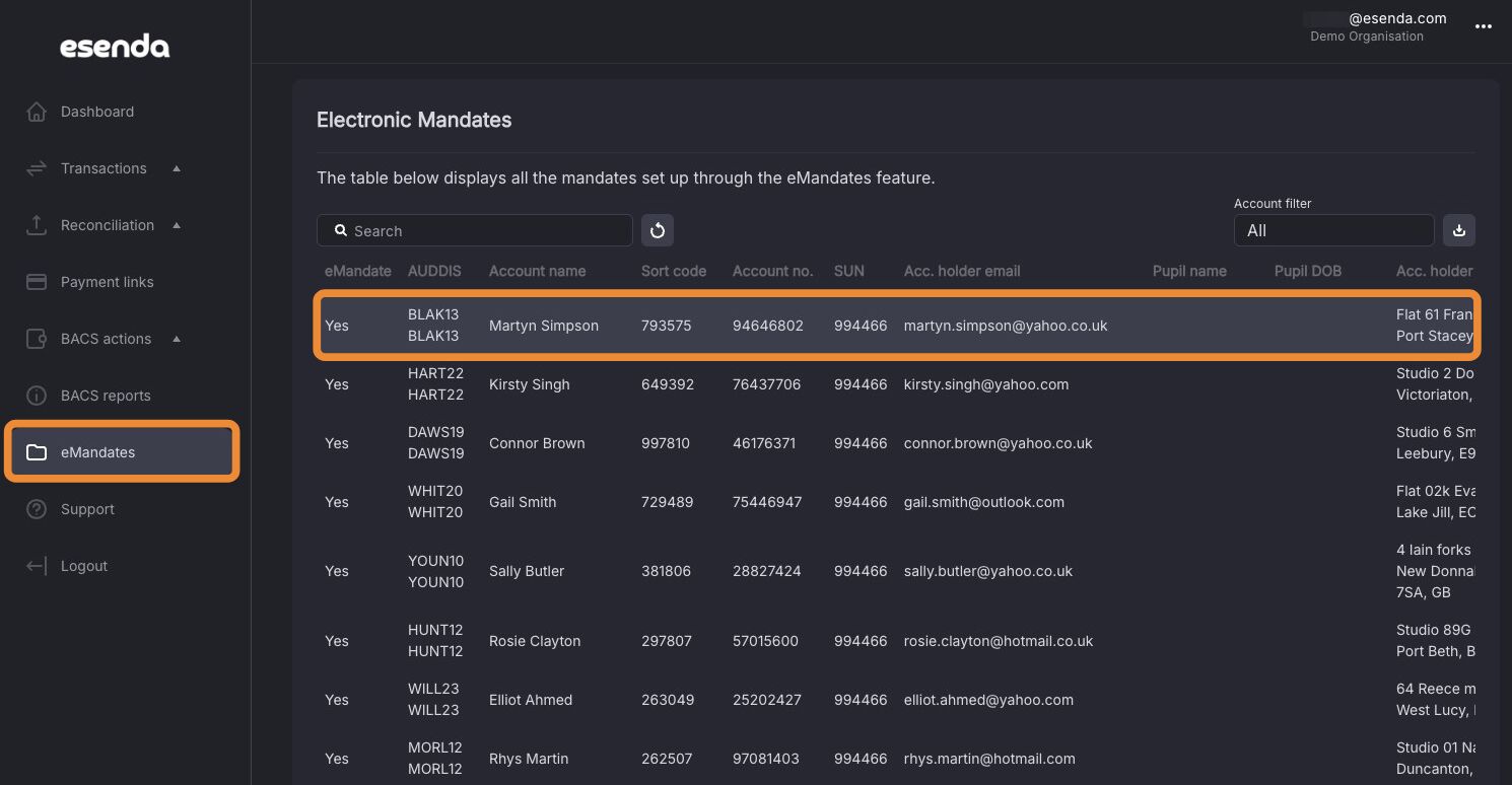 eMandates list in the portal