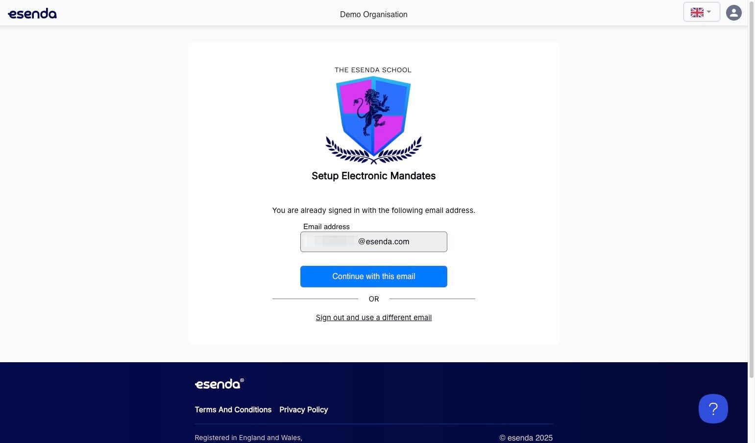 Setup Electronic Mandates page asking for email and account details